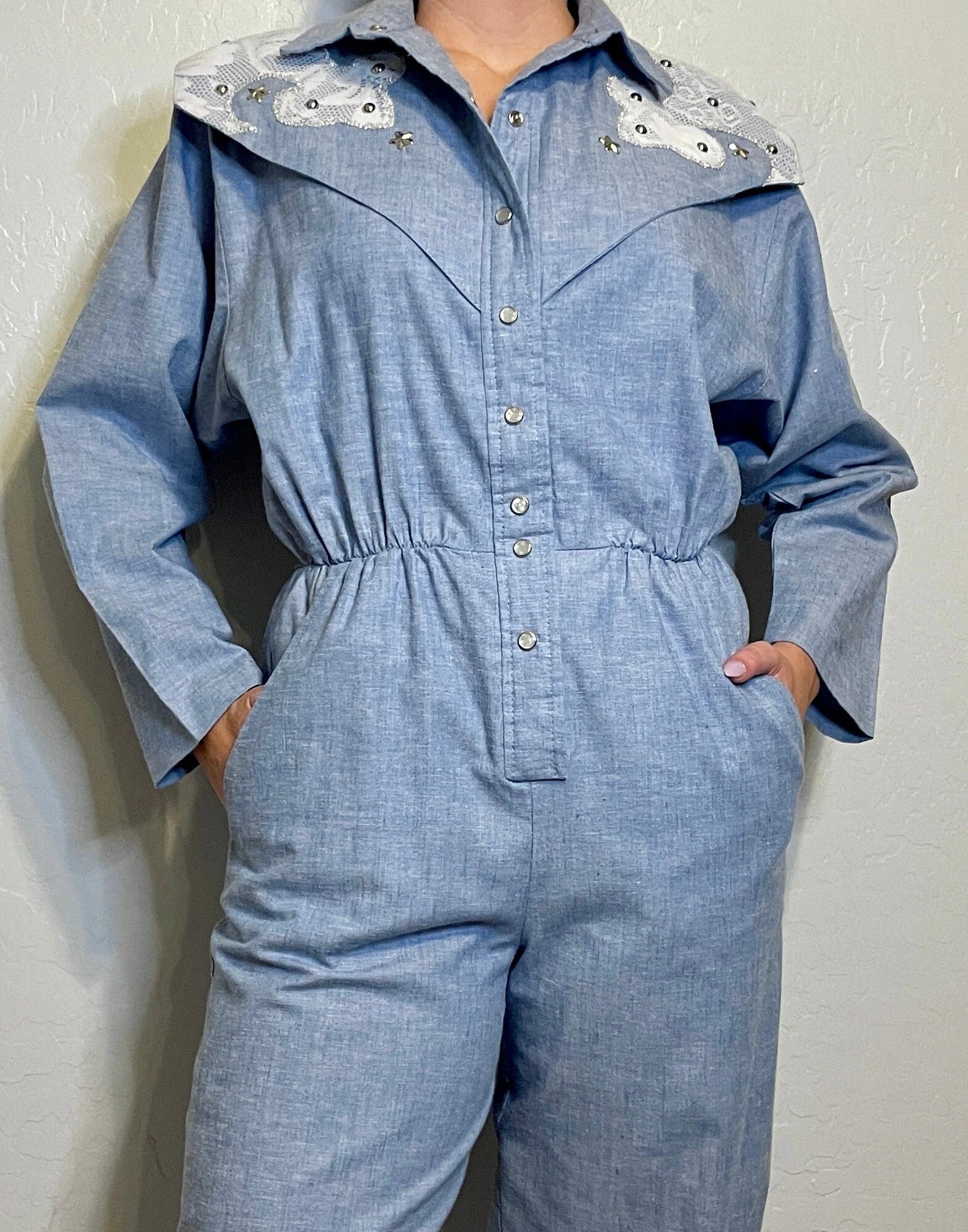 90s Denim Jumpsuit with Lace Studs Pearl Snaps