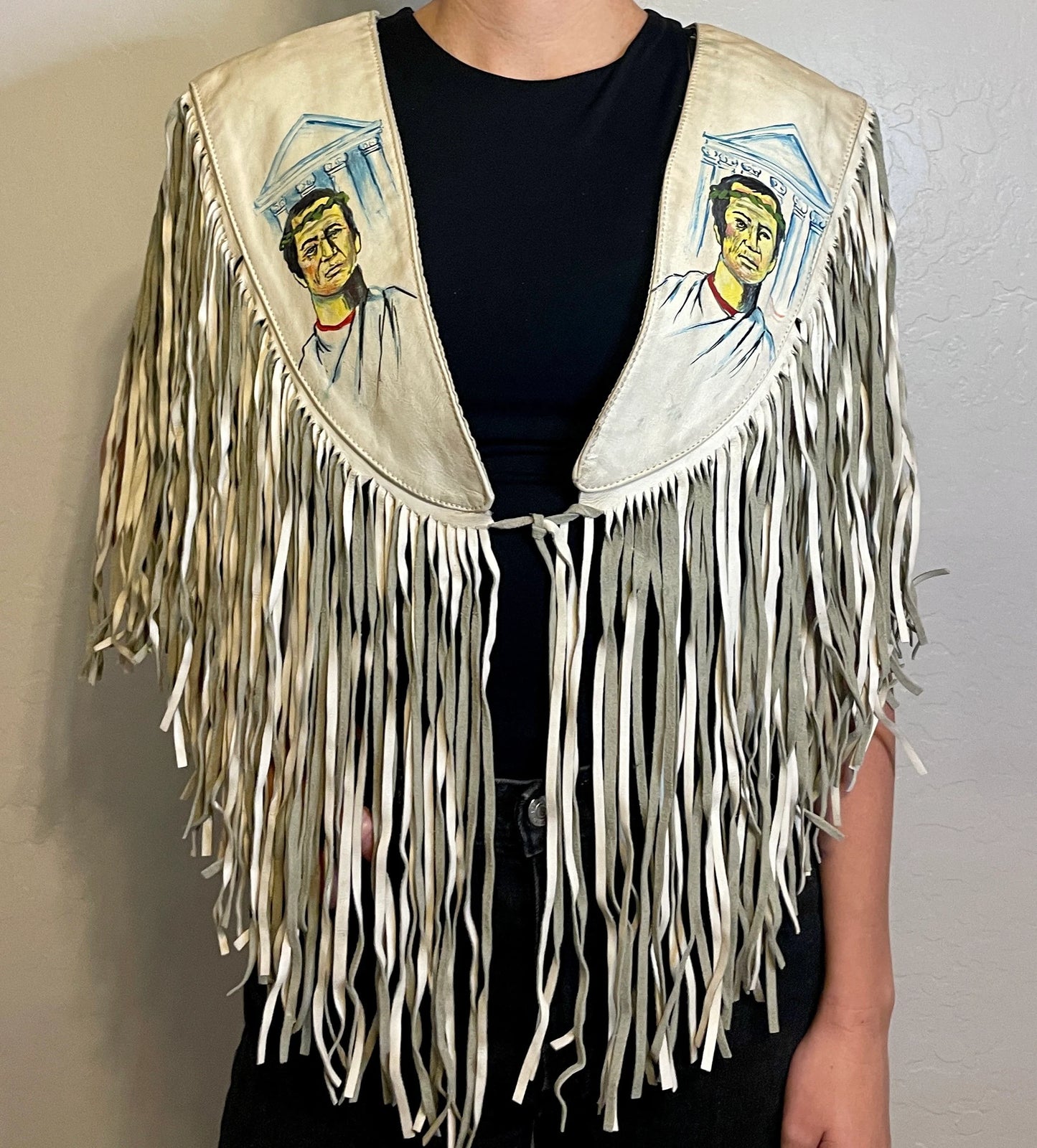 Vintage Leather Poncho Vest with Hand painted Greek Gods & Coliseum