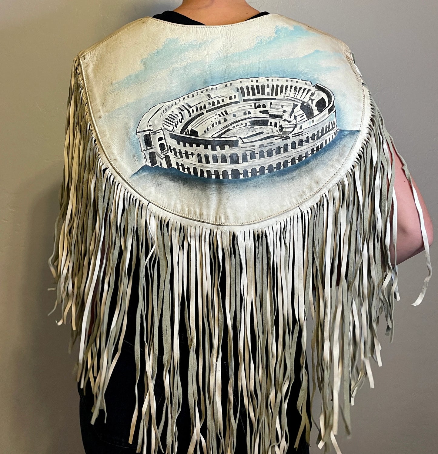 Vintage Leather Poncho Vest with Hand painted Greek Gods & Coliseum
