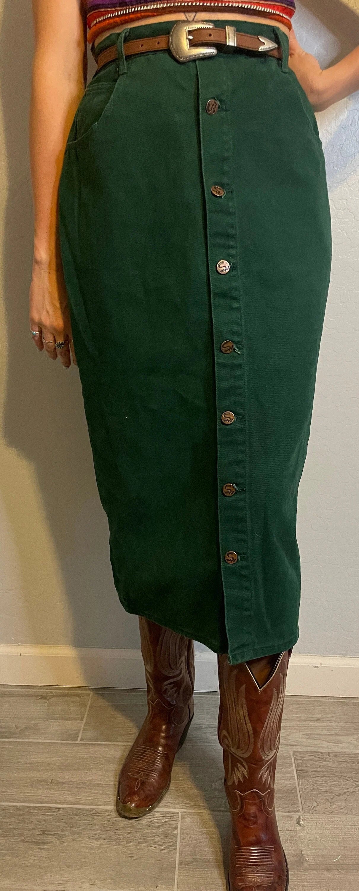 Vintage High Waisted Green Denim Skirt