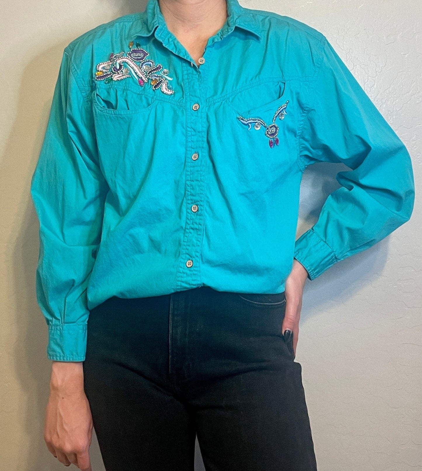 Vintage Teal Long Sleeve with Embroidery