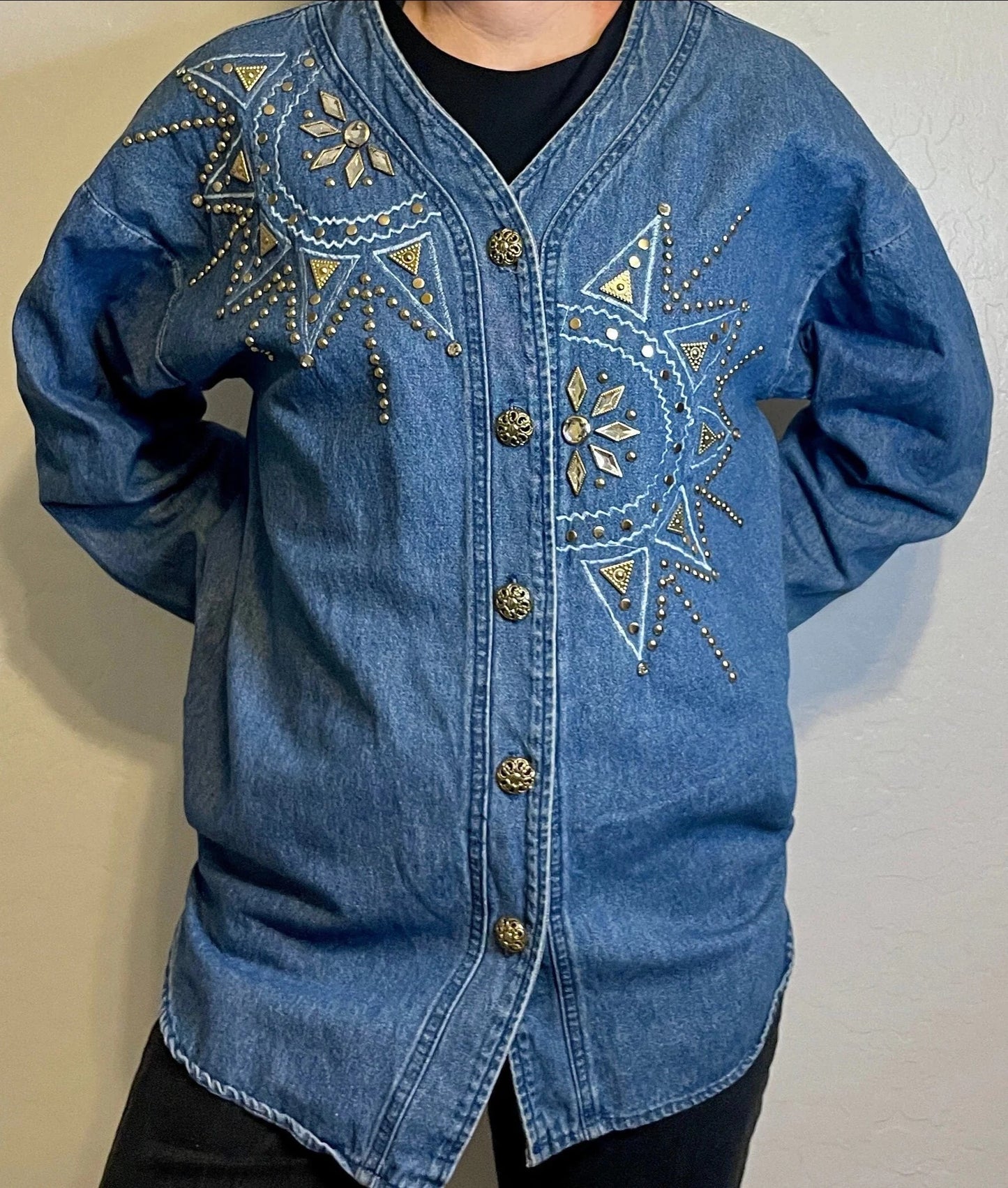 90s Denim Studded Long Sleeve with Sun Design