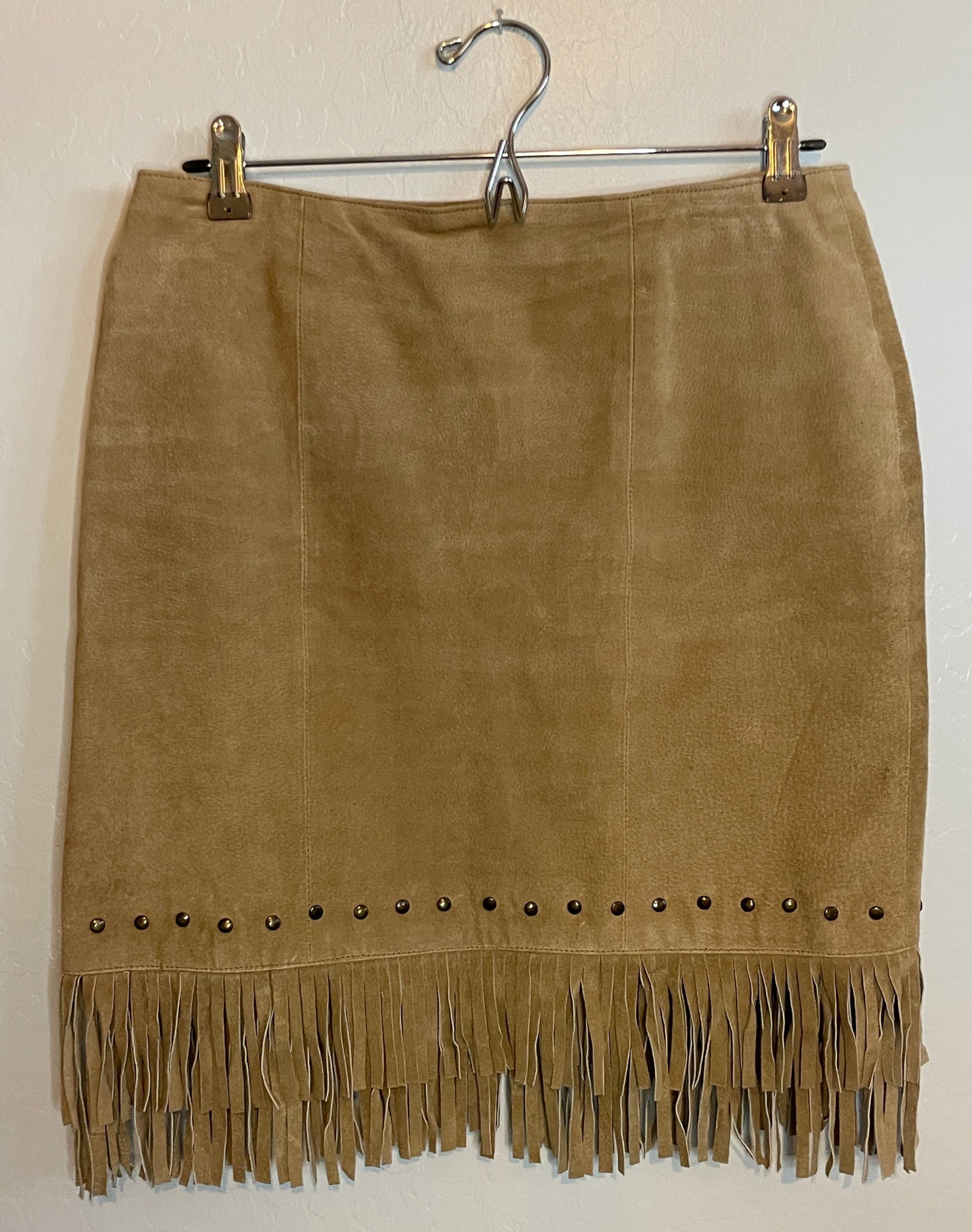 Vintage light tan, suede skirt with fringe