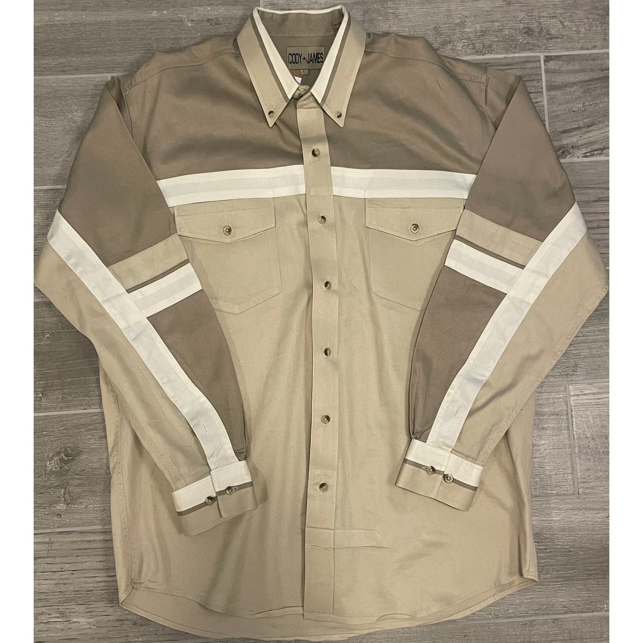 Khaki Color Blocked Button Up-MEN's