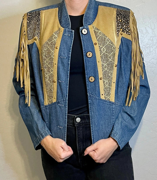 90s Denim Vest with Leather & Fringe