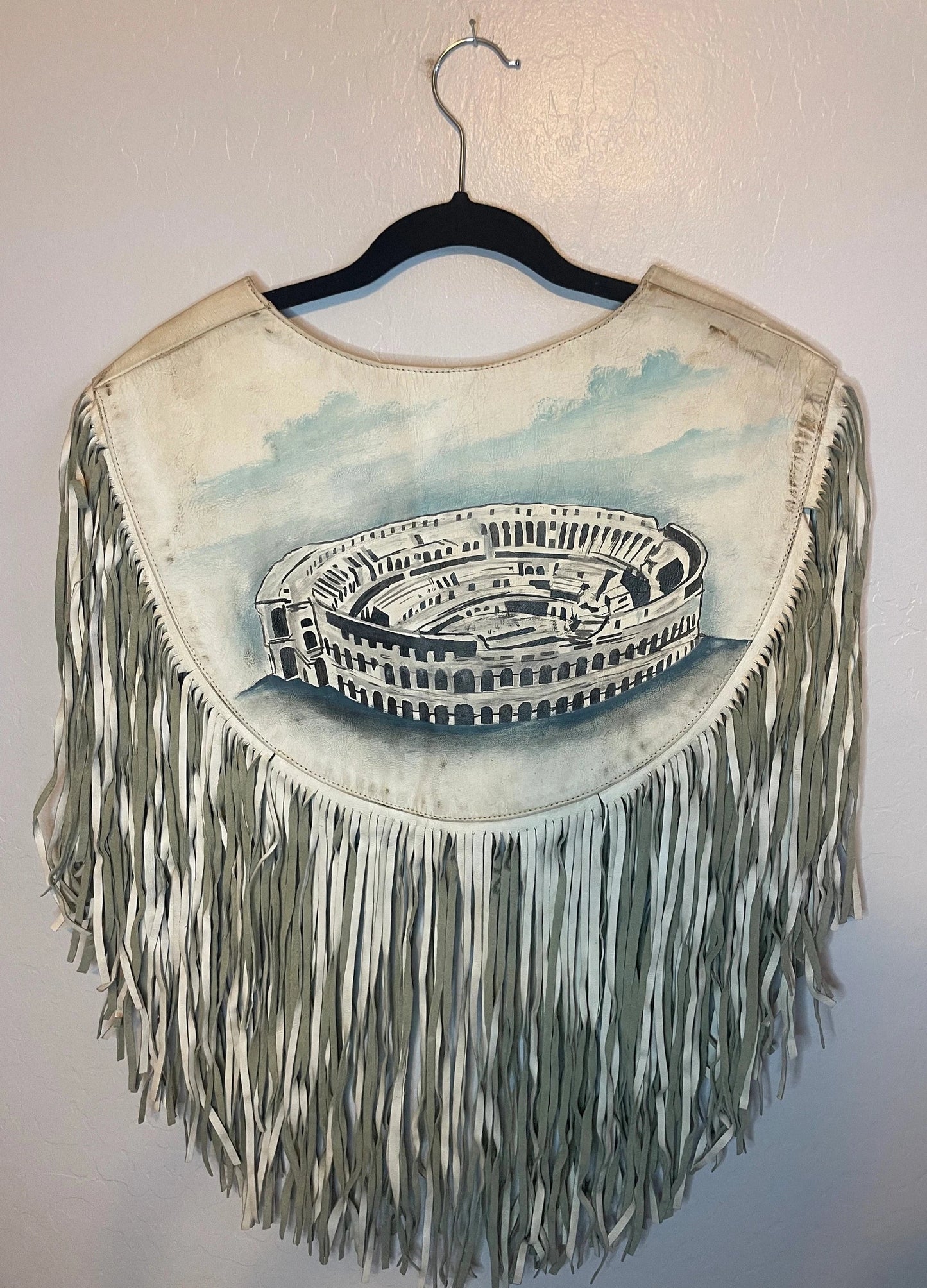 Vintage Leather Poncho Vest with Hand painted Greek Gods & Coliseum