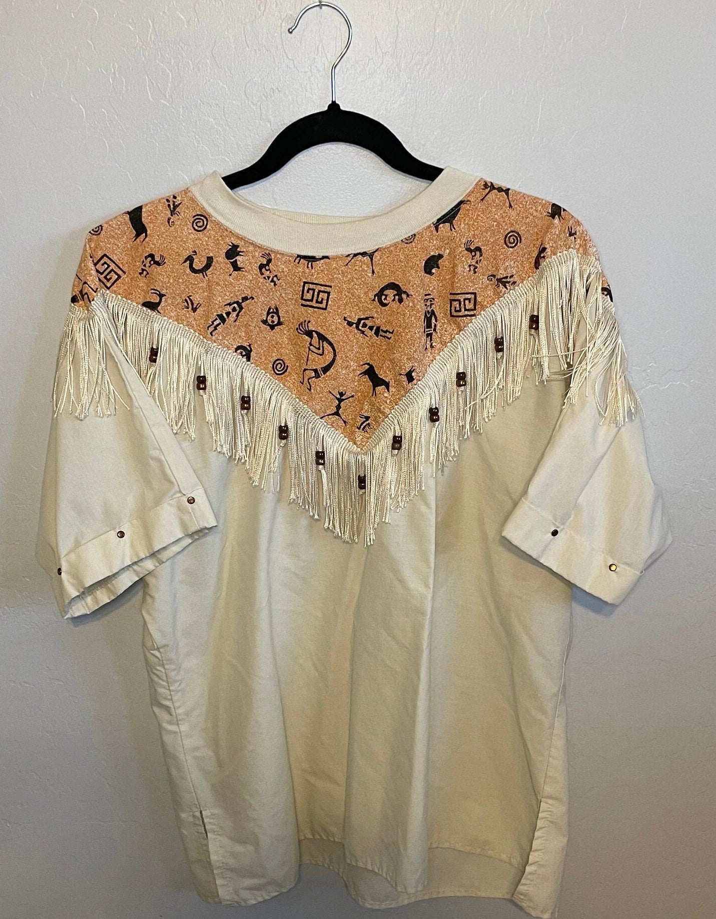 80s Cream Kokopelli T-Shirt with beads & fringe