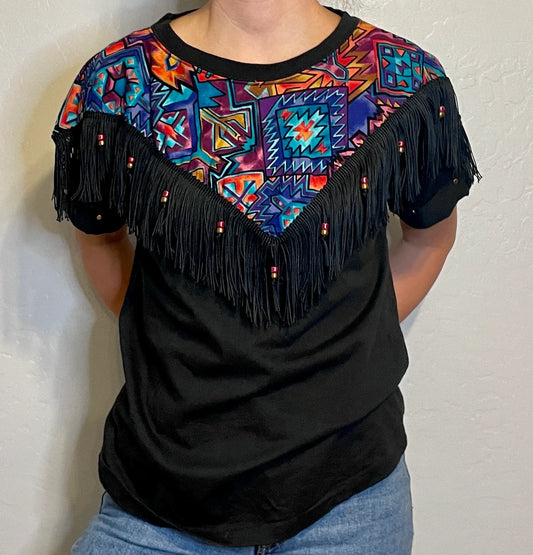80s Black Southwestern T Shirt with beads & fringe