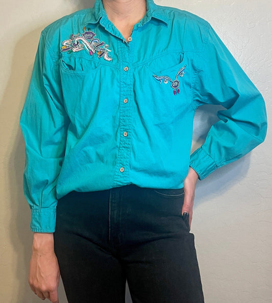 Vintage Teal Long Sleeve with Embroidery