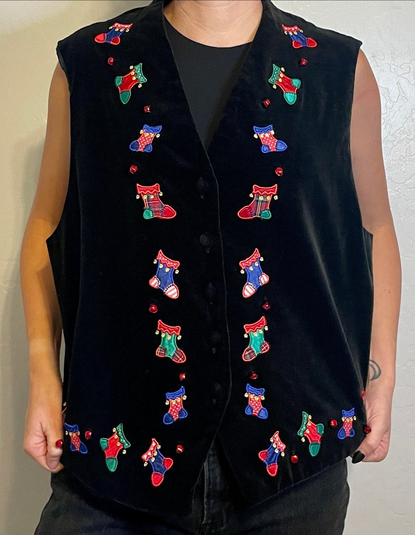 90s Ugly Christmas vest with Stocking & Bells
