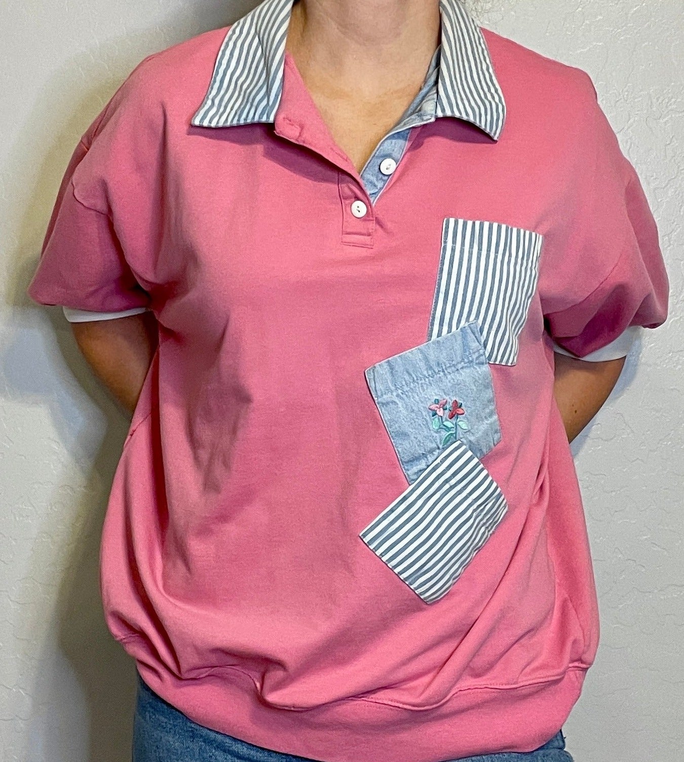 90's light pink & denim shirt with pockets
