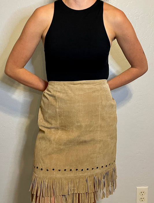 Vintage light tan, suede skirt with fringe