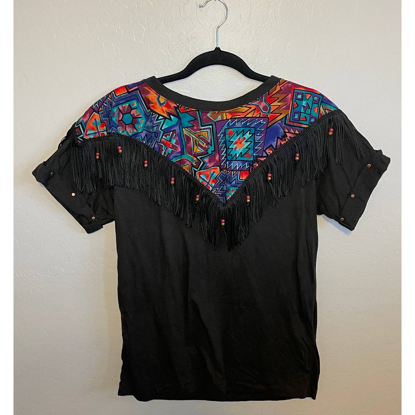 80s Black Southwestern T Shirt with beads & fringe