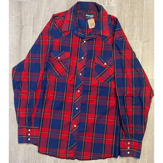 Vintage Bright Red & Blue Plaid Wrangler Long Sleeve-MEN'S